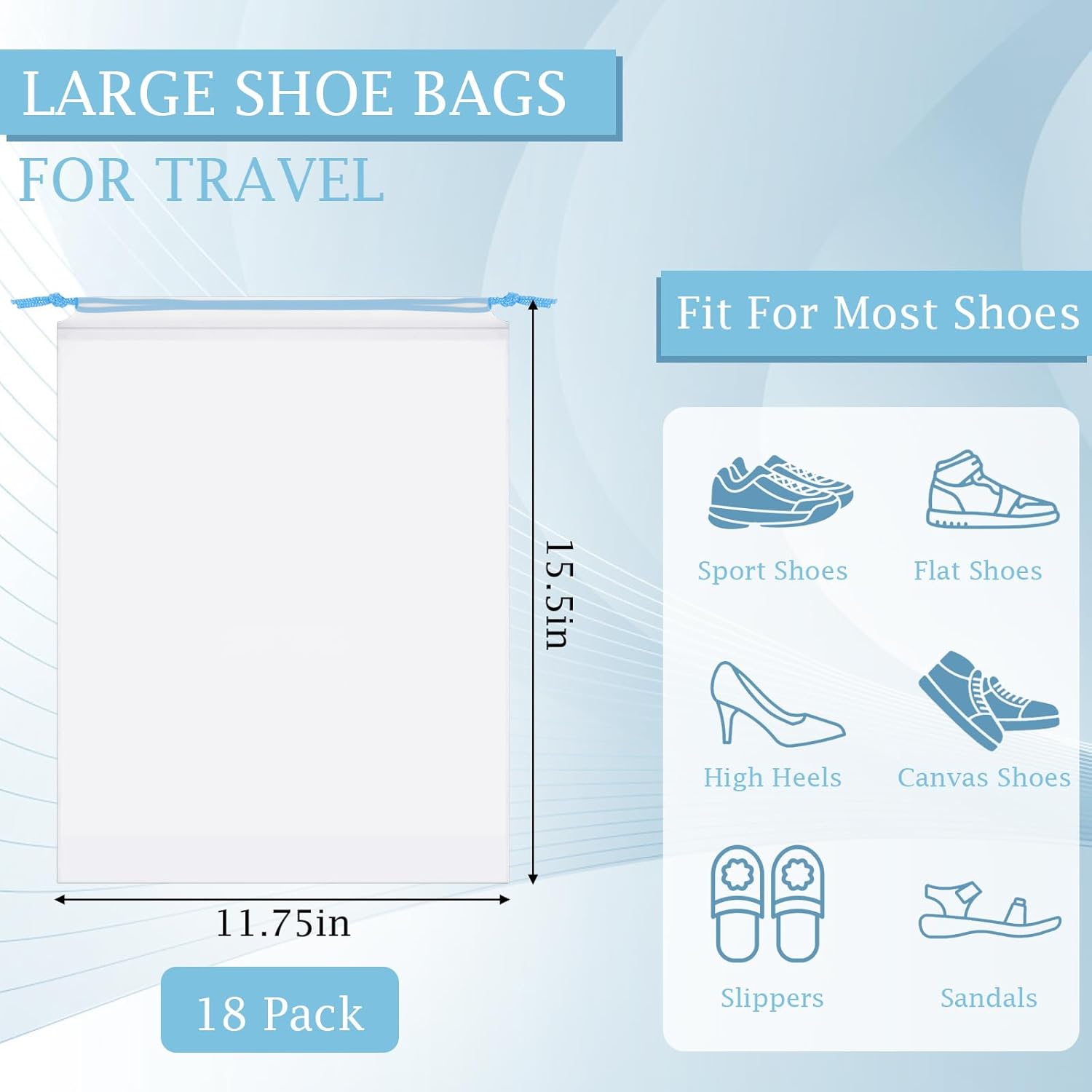 COIDEA 18 Pack Shoe Bags for Travel, 15.7" x 11.8" Clear Travel Shoe Bags for Packing with Colorful Drawstring, Large Waterproof Portable Travel Shoe Storage Bag Travel Essentials Women for and Men